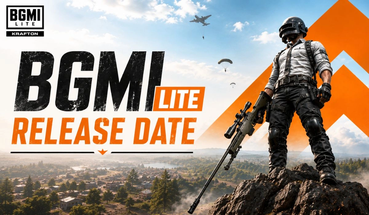 BGMI Lite Release Date text with a character holding a sniper rifle overlooking a landscape