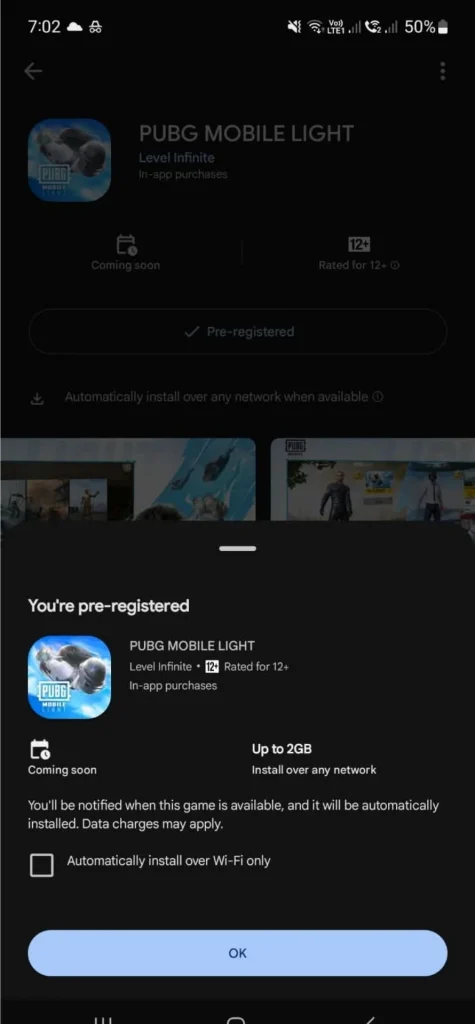 Google Play Store pre-registration screen for PUBG Mobile LIGHT showing a download size of up to 2GB