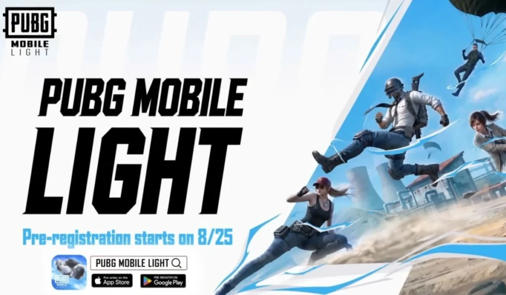 PUBG Mobile LIGHT promotional banner with characters in action. Text: Pre-registration starts on 8/25
