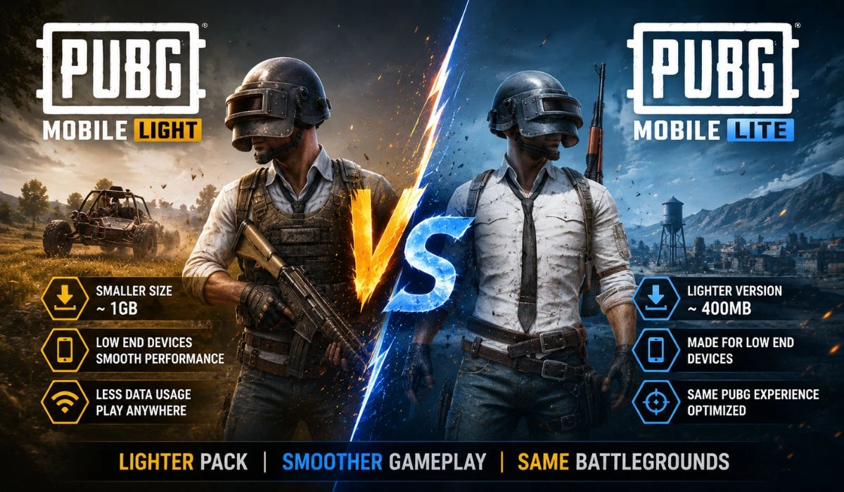 Comparison of PUBG Mobile Light (~1GB, less data) and PUBG Mobile Lite (~400MB, optimized for low end devices)